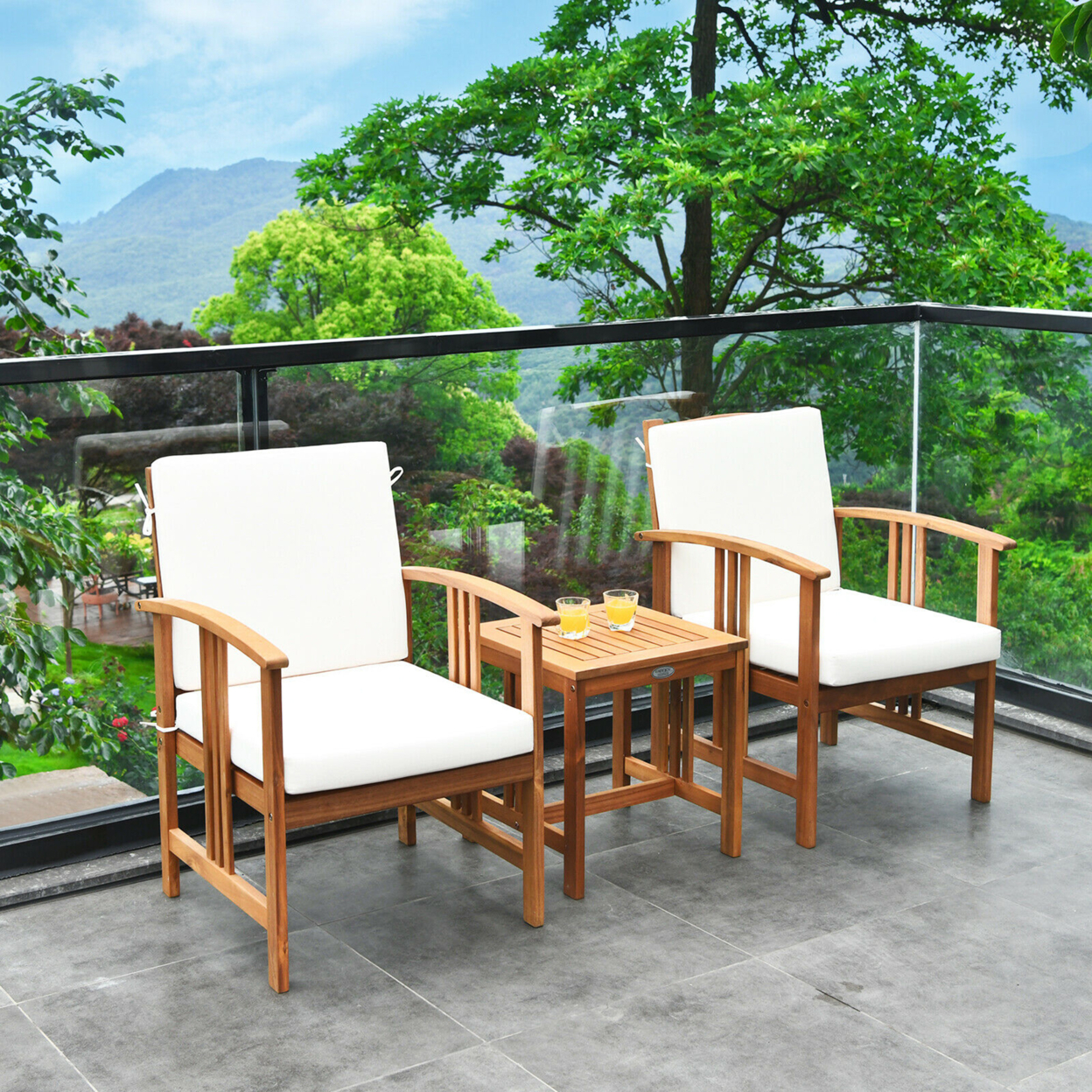 3PC Outdoor Patio Sofa Furniture Set Solid Wood Cushioned Conversation Set White