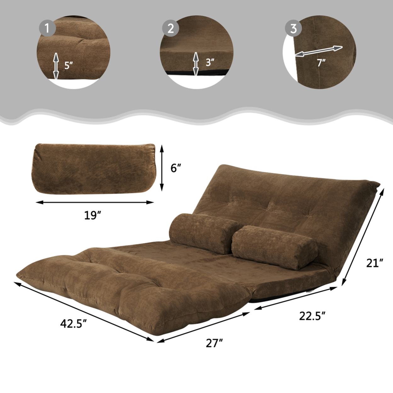Floor Sofa Bed 6-Position Adjustable Sleeper Lounge Couch With 2 Pillows - Coffee