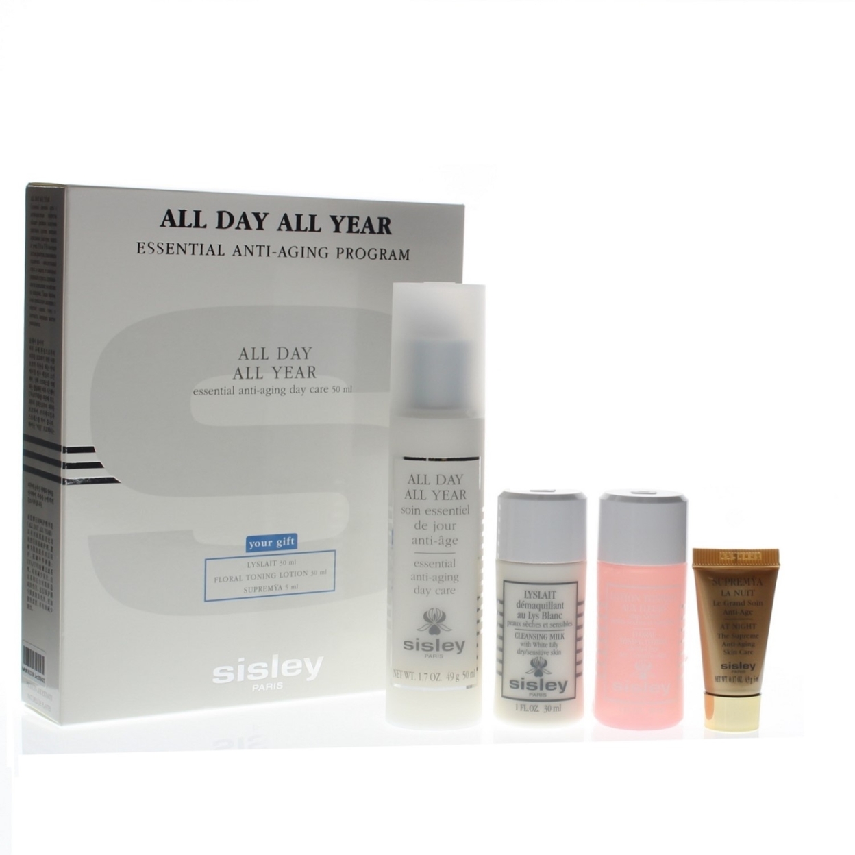 Sisley All Day All Year Essential Anti-Aging Program 4pc Kit With Day Cream, Cleansing Milk, Toning Lotion, Night Cream