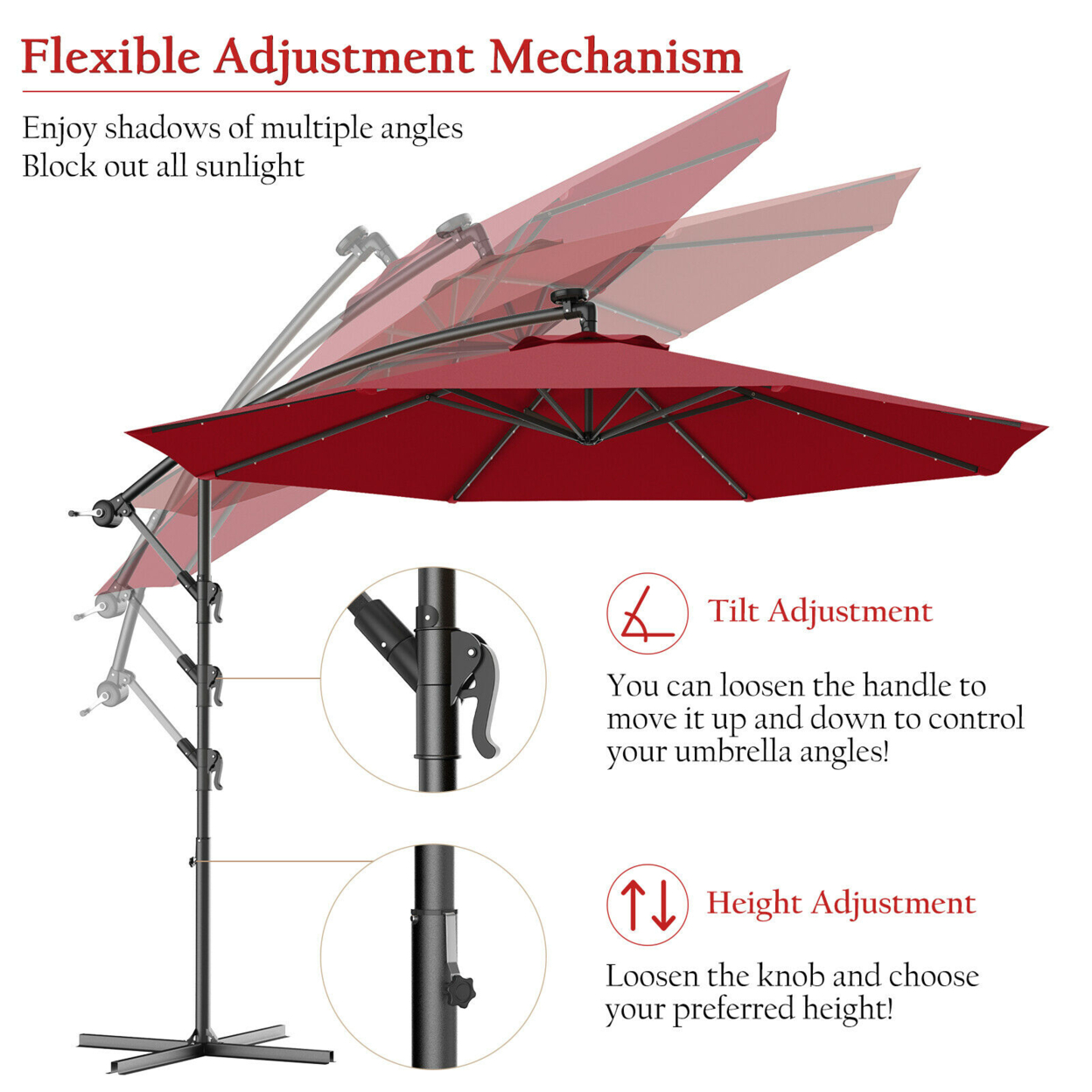 10Ft Patio Solar LED Outdoor Offset Hanging Umbrella W/ 24 Lights - Beige