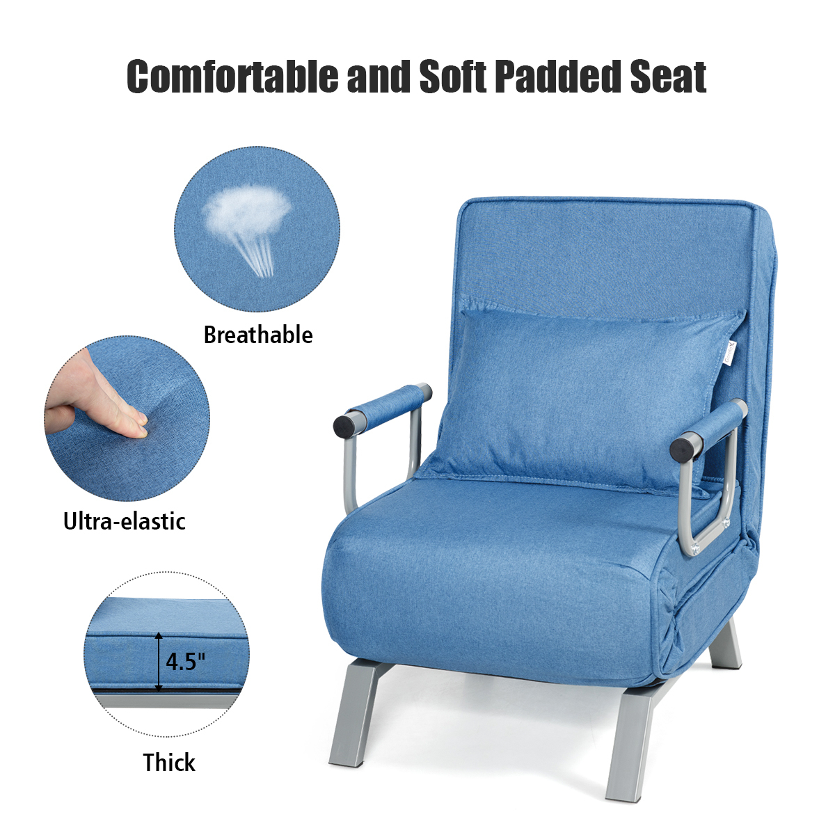 5 Position Convertible Sofa Chair Folding Sleeper Bed W/ Pillow Blue/Gray - Blue