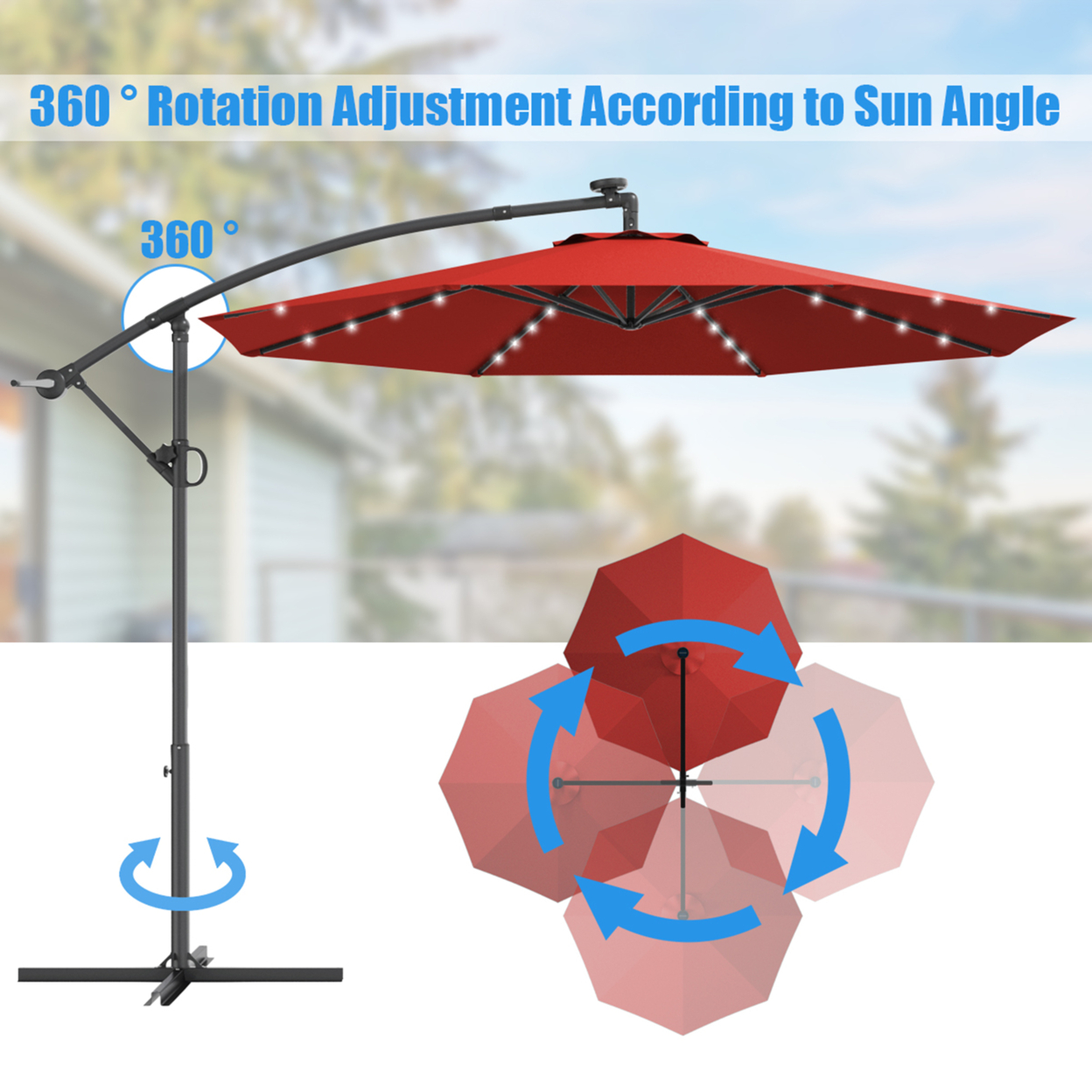 10Ft Offset Hanging Umbrella Patio Outdoor W/ 32 Solar LED Lights - Orange