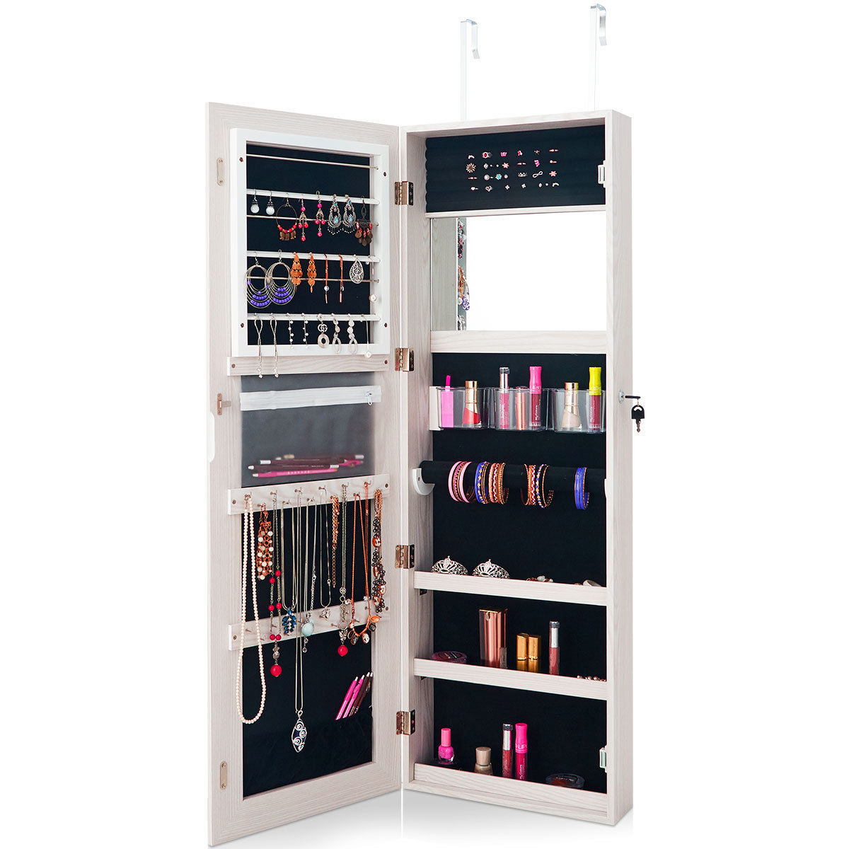 Wall-Mounted Lockable Storage Organizer Jewelry Vanity Box White/ Black/ Brown - White
