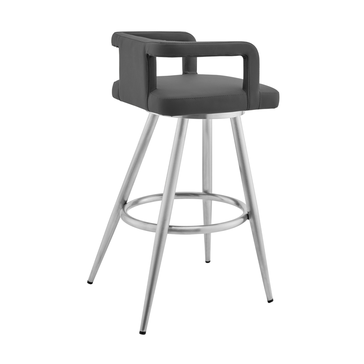 Gabriele 26 Gray Faux Leather And Brushed Stainless Steel Swivel Bar Stool- Saltoro Sherpi