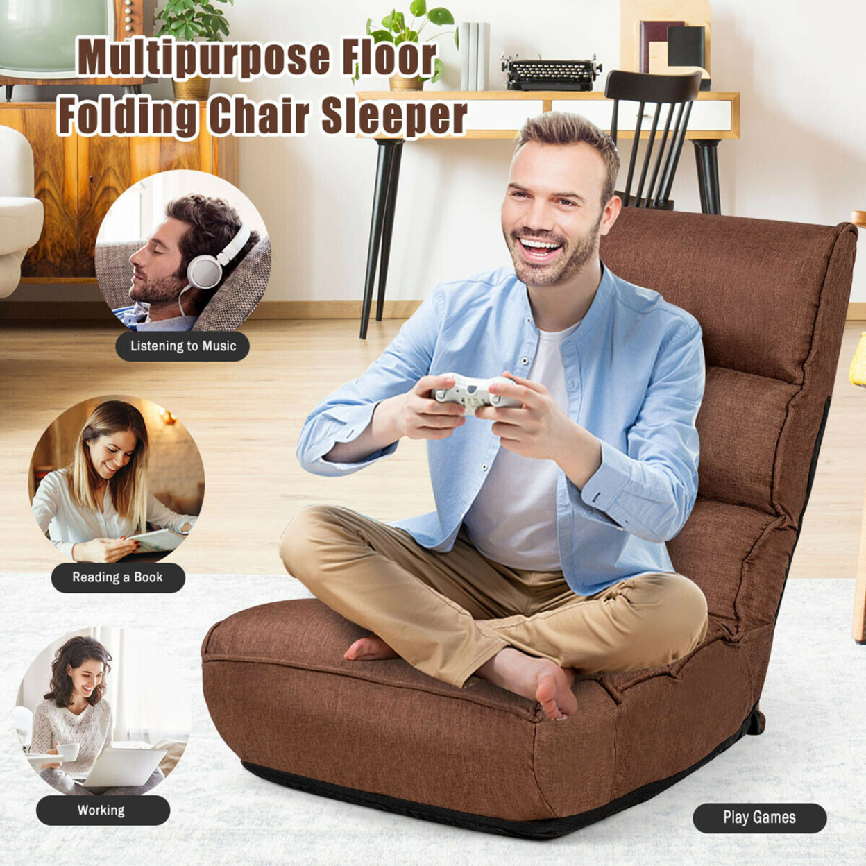 4-Position Floor Chair Folding Lazy Sofa W/Adjustable Backrest & Headrest - Coffee