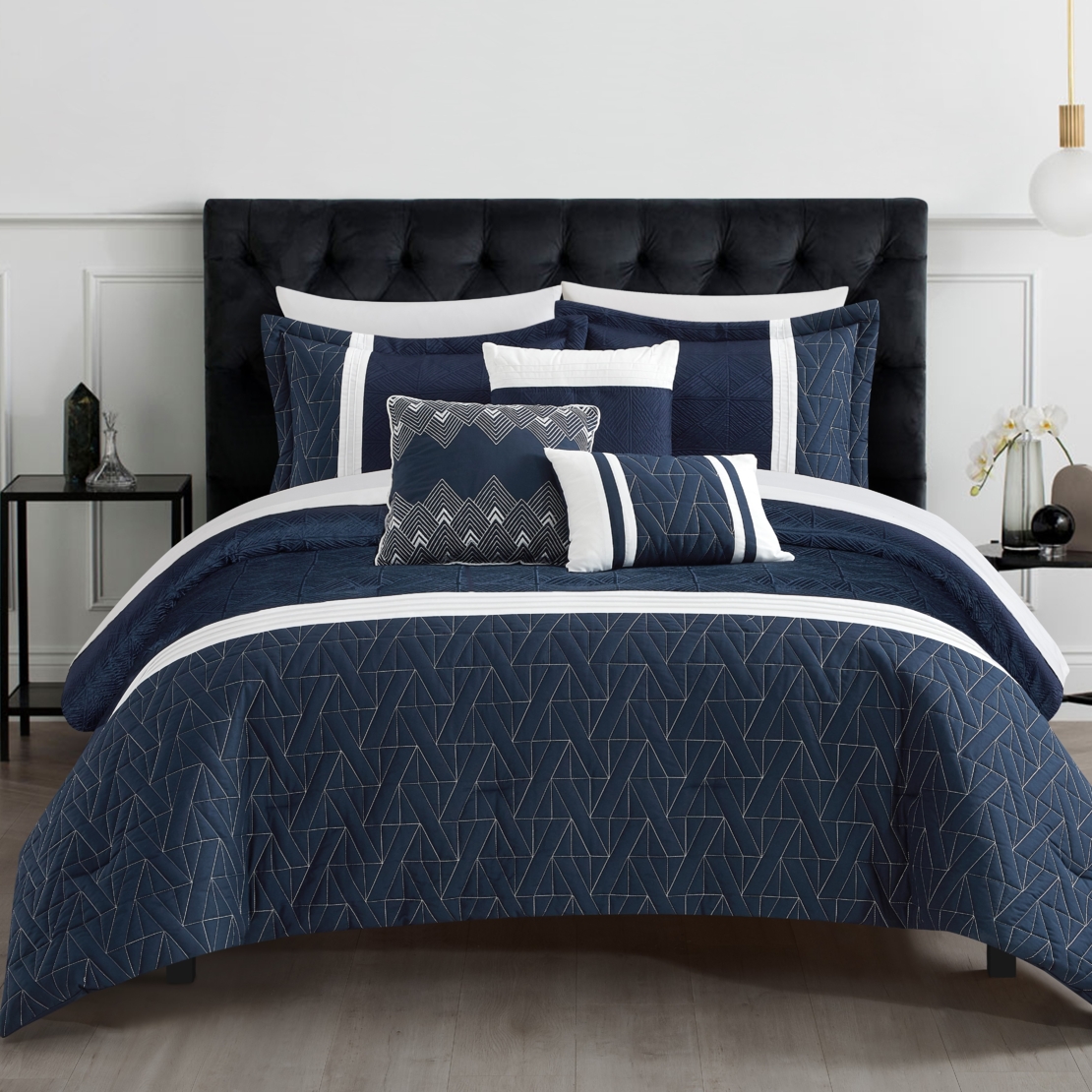 Macy 6 Piece Comforter Set Jacquard Woven Geometric Design Pleated Quilted Details Bedding - navy, king - king navy blue
