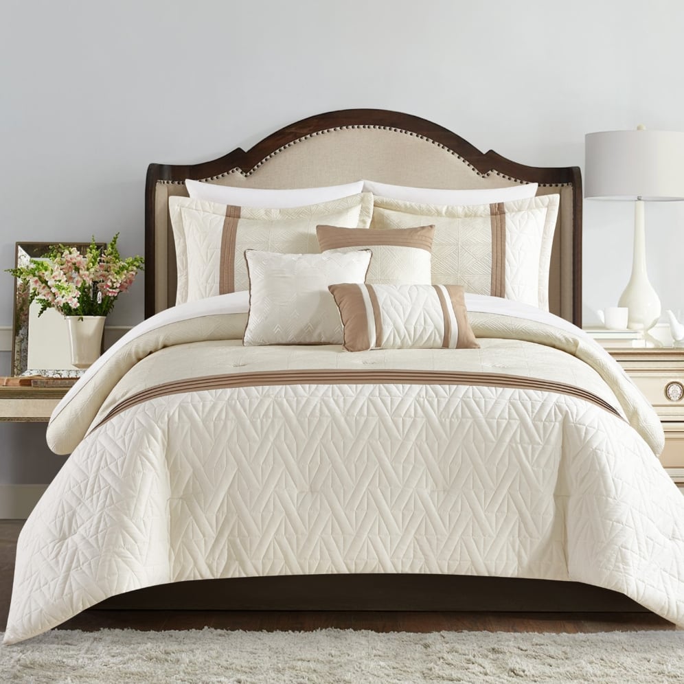 Macy 6 Piece Comforter Set Jacquard Woven Geometric Design Pleated Quilted Details Bedding - beige, queen