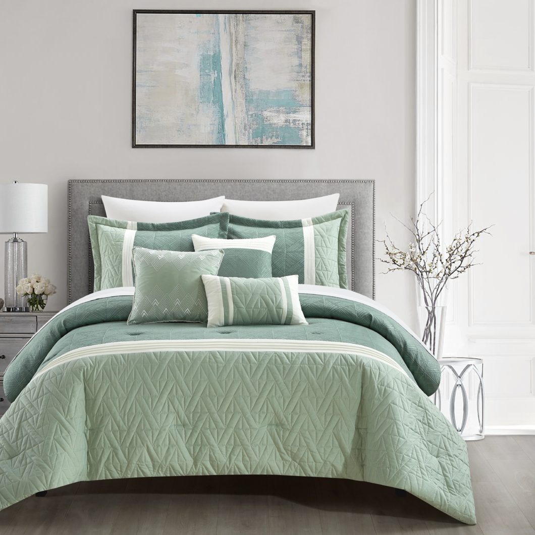 Macy 6 Piece Comforter Set Jacquard Woven Geometric Design Pleated Quilted Details Bedding - green, queen