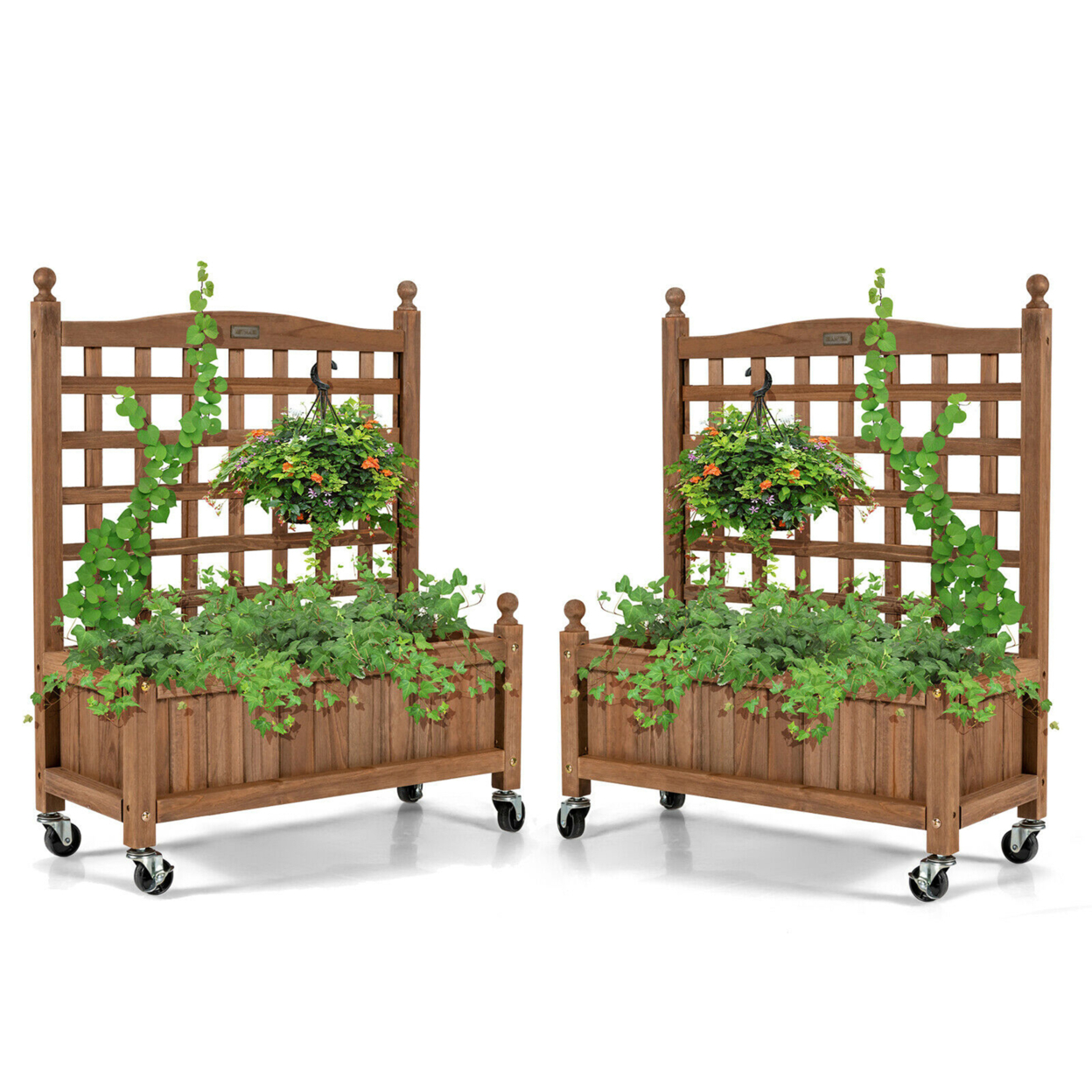 2PC 32in Wood Planter Box W/Trellis Mobile Raised Bed For Climbing Plant