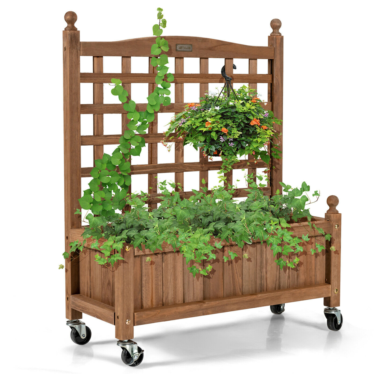 32in Wood Planter Box W/Trellis Mobile Raised Bed For Climbing Plant
