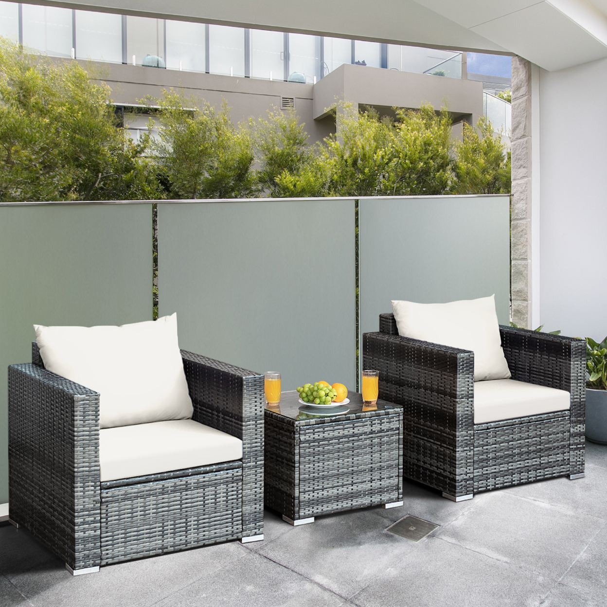 3PCS Rattan Patio Conversation Furniture Set Outdoor Yard W/ White Cushion