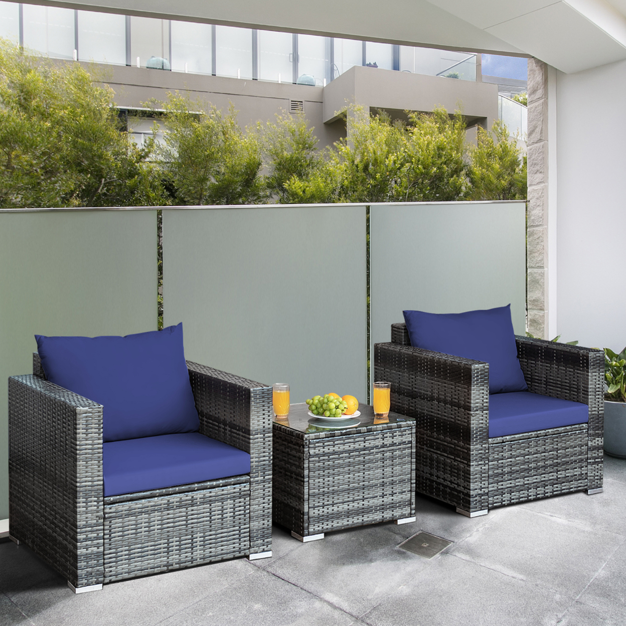 3PCS Rattan Patio Conversation Furniture Set Outdoor Yard W/ Navy Cushion