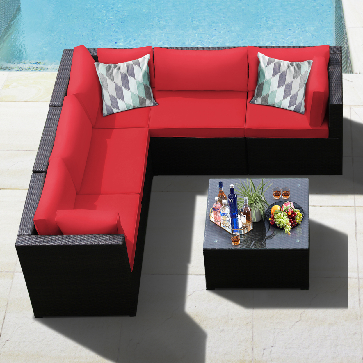 6PCS Rattan Patio Sectional Sofa Conversation Set Outdoor W/ Red Cushions
