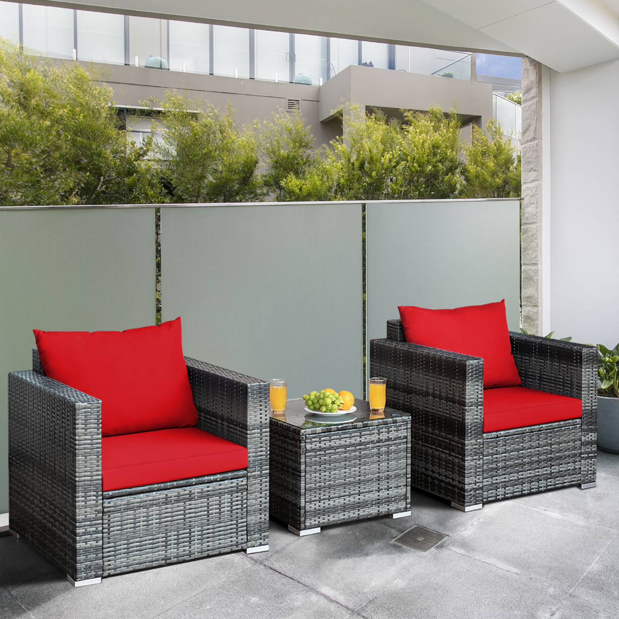 3PCS Rattan Patio Conversation Furniture Set Outdoor Yard W/ Red Cushion