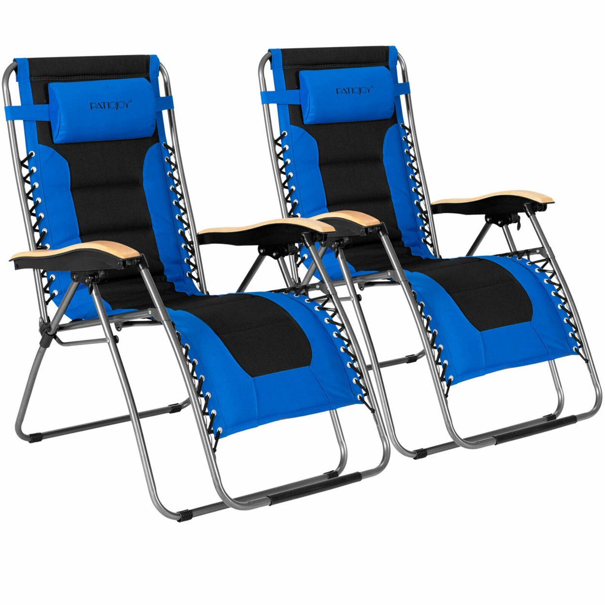 2PCS Folding Zero Gravity Chair Padded Lounge Chair W/ Beech Armrests - Blue