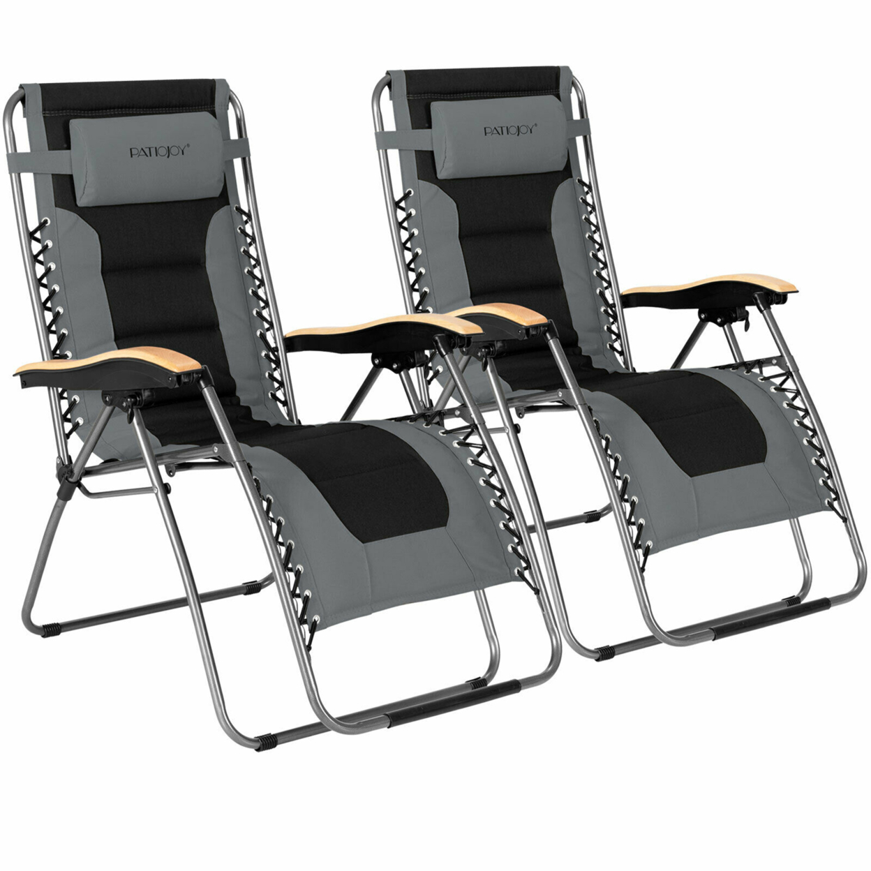 2PCS Folding Zero Gravity Chair Padded Lounge Chair W/ Beech Armrests - Grey