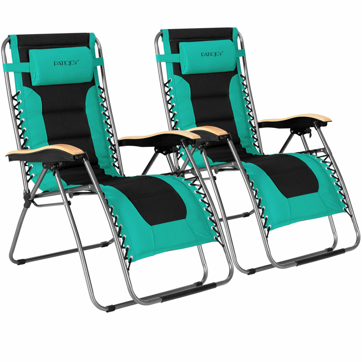 2PCS Folding Zero Gravity Chair Padded Lounge Chair W/ Beech Armrests - Turquoise