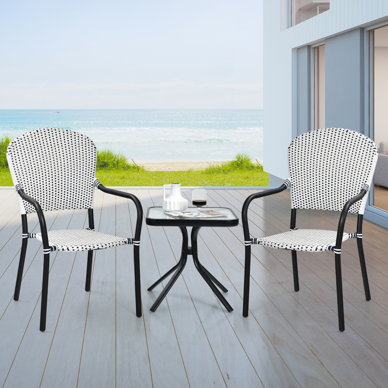 Set Of 4 Patio Rattan Dining Chairs Stackable Armrest No Assembly