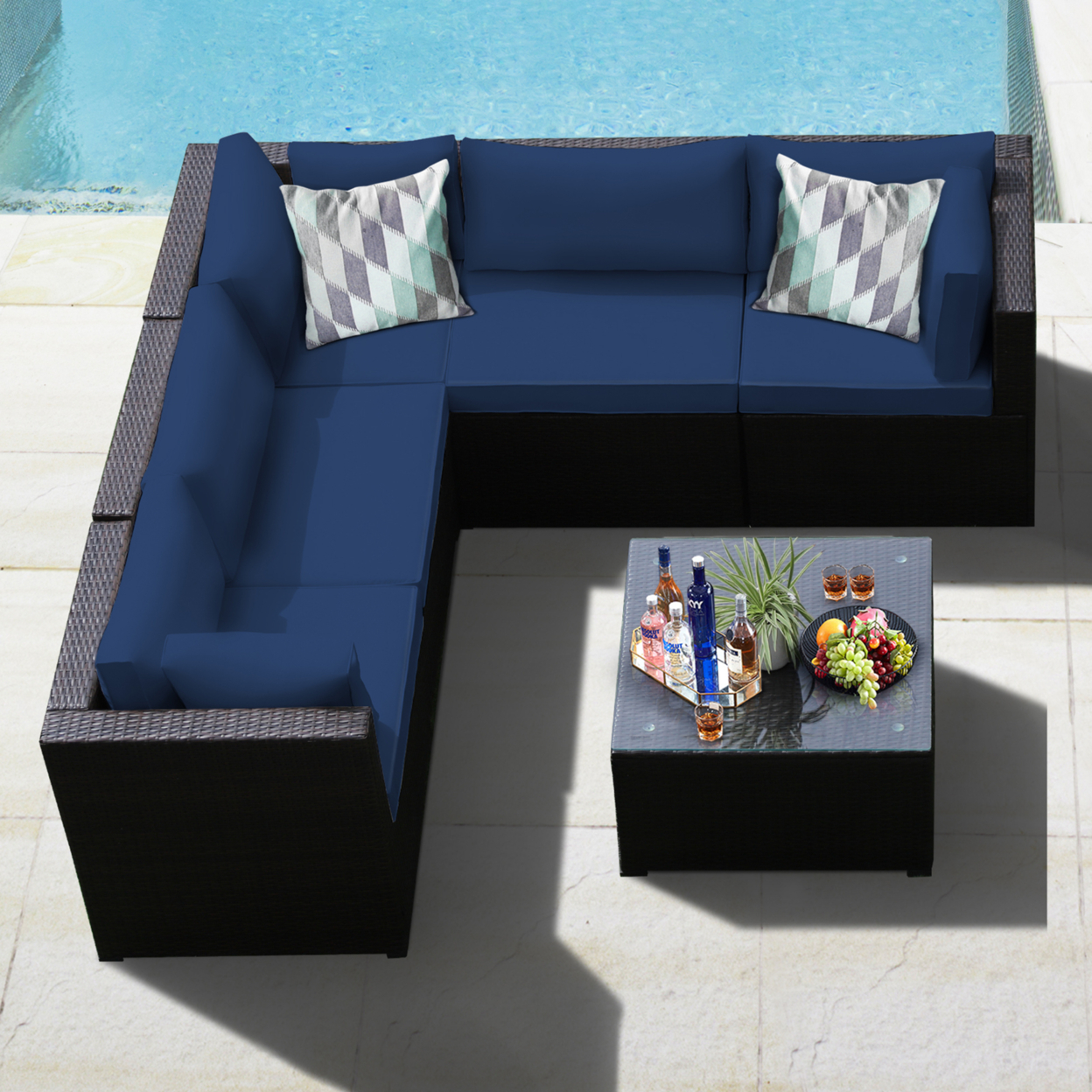 6PCS Rattan Patio Sectional Sofa Conversation Set Outdoor W/ Navy Cushions
