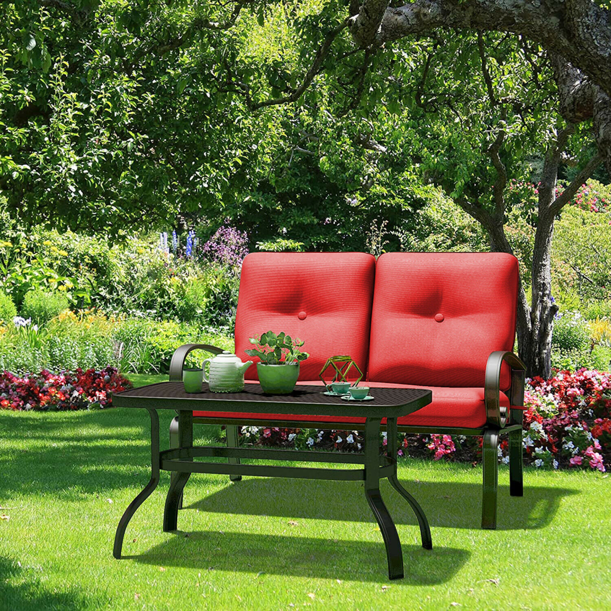 2PCS Patio Loveseat & Table Set Cushioned Outdoor Furniture Set Yard Garden