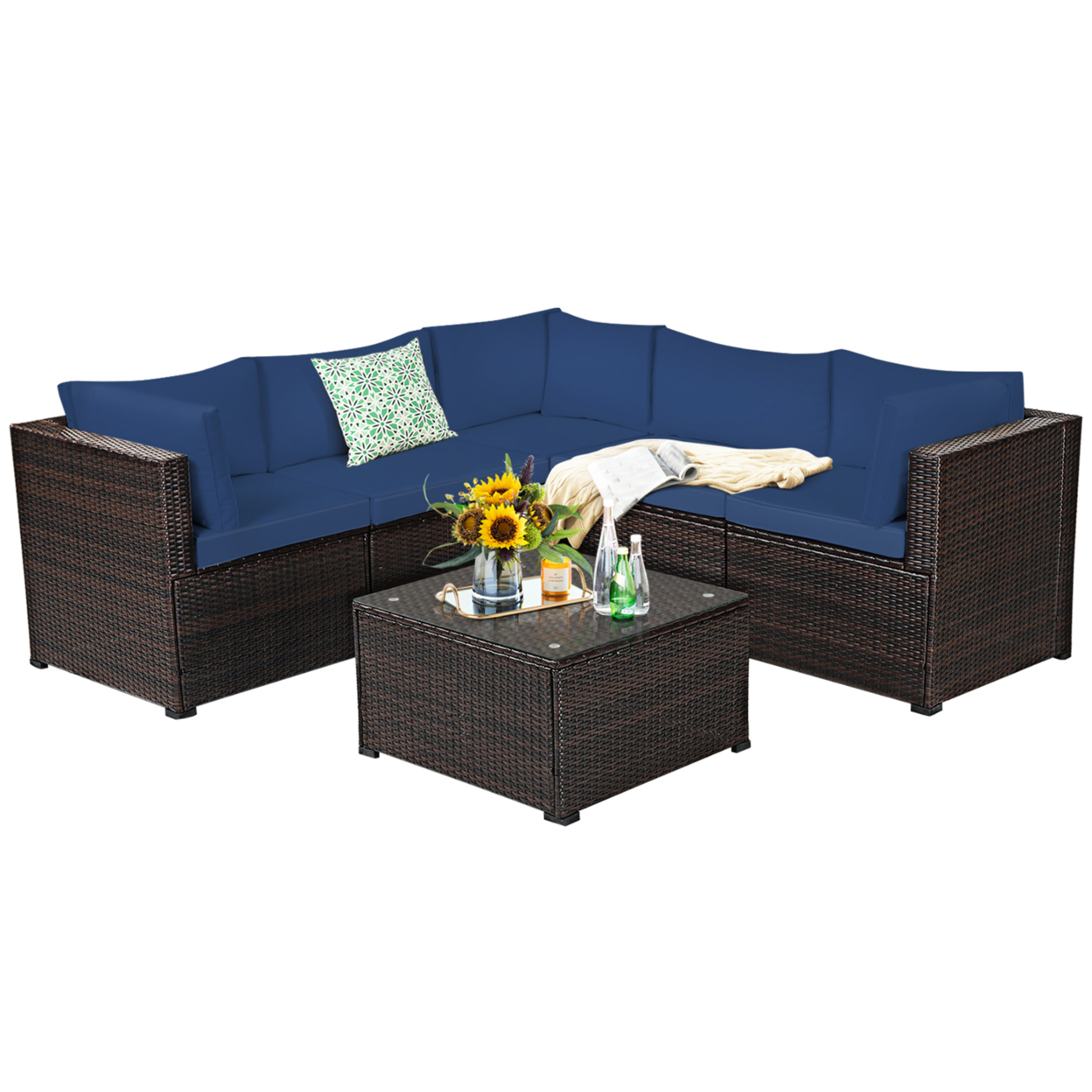 6PCS Rattan Patio Sectional Sofa Conversation Set Outdoor W/ Navy Cushions