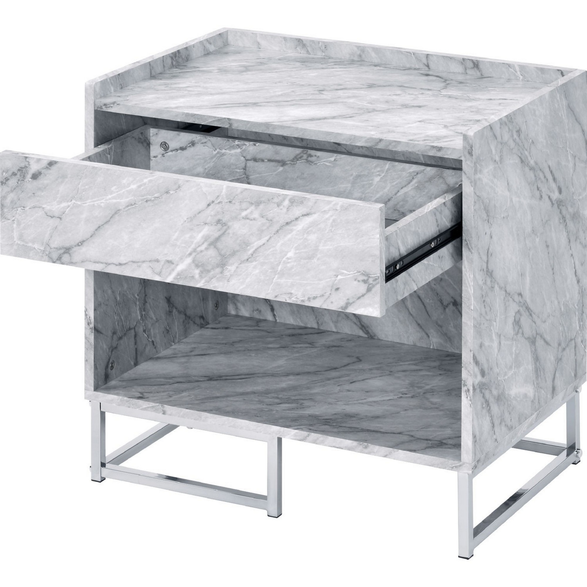 Faux Marble Accent Table With Chrome Finish, White- Saltoro Sherpi