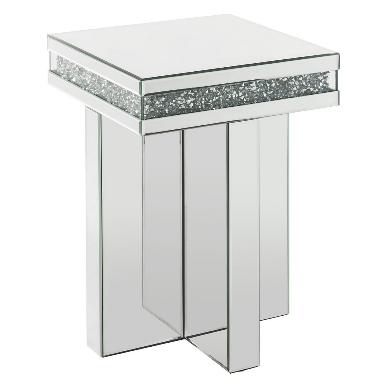 End Table With Encrusted Faux Acrylic Inlay And Cross Base, Silver- Saltoro Sherpi