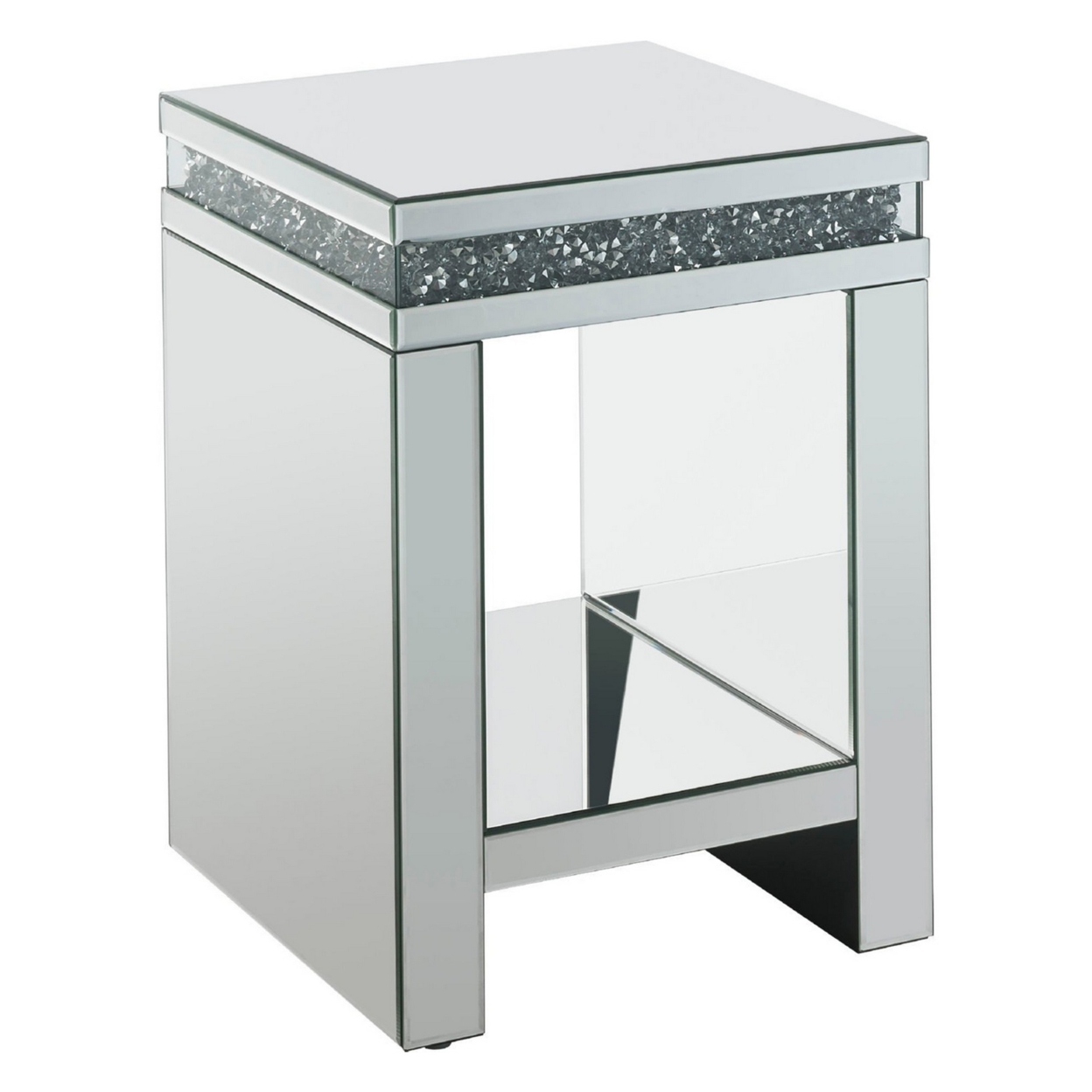 End Table With Faux Acrylic Diamond Inlay And 1 Lower Shelf, Silver- Saltoro Sherpi