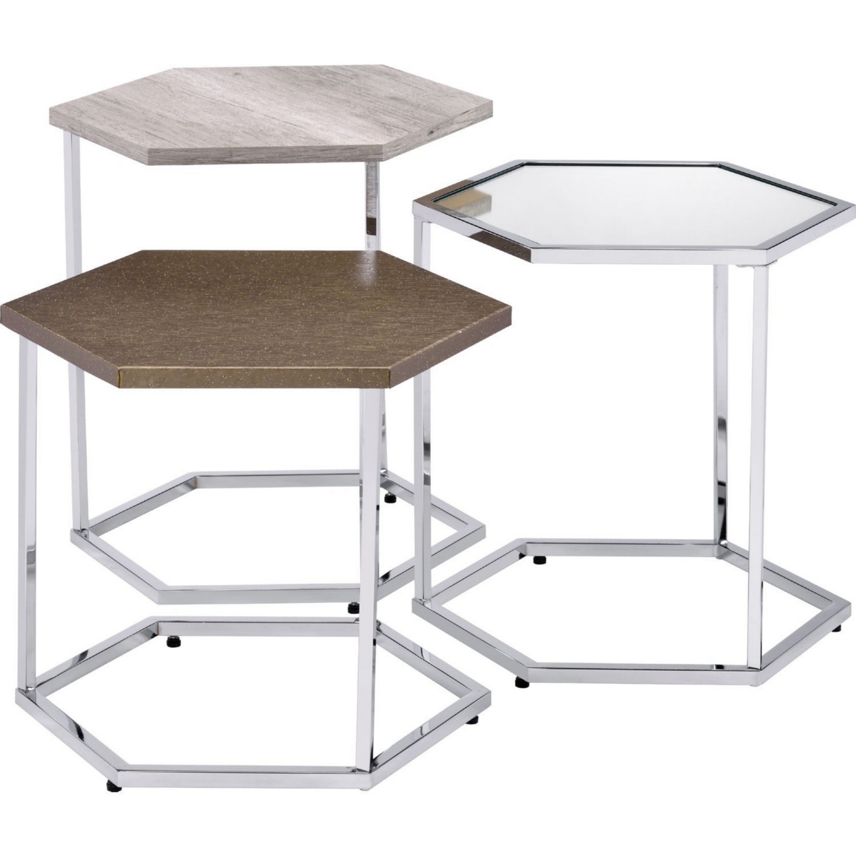 3 Piece Nesting Table With Hexagonal Shaped Metal Frame, Chrome- Saltoro Sherpi