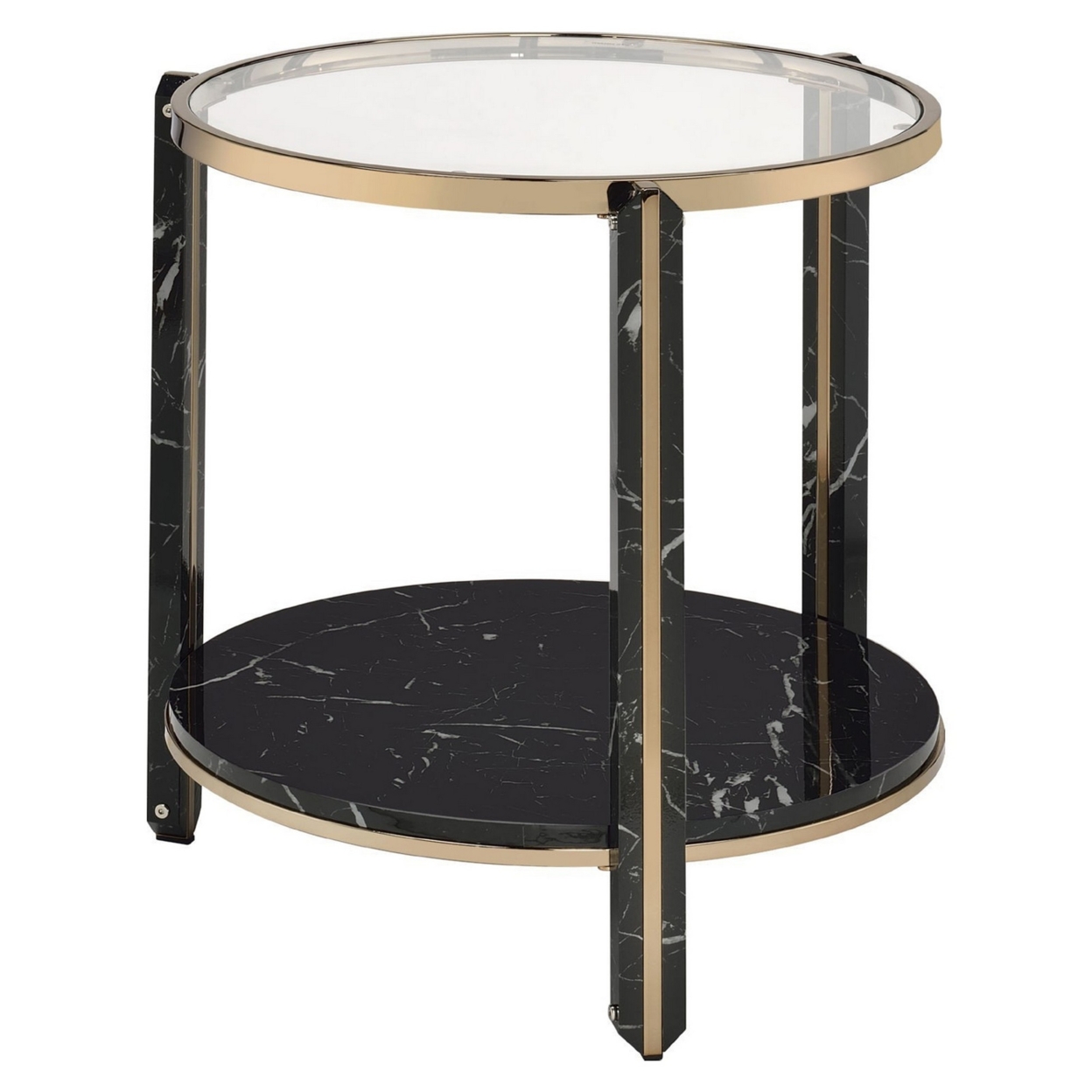 End Table With Glass Top And Faux Marble Shelf, Black And Gold- Saltoro Sherpi