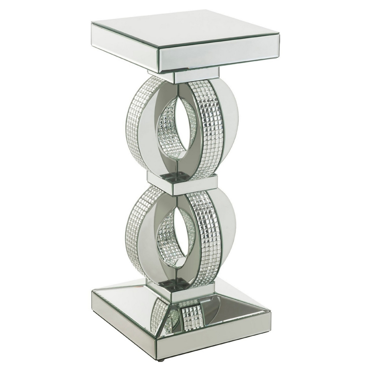 Accent Table With Interconnected Rings And Mirror Trim, Large, Silver- Saltoro Sherpi