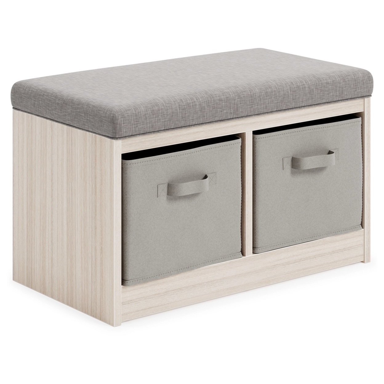 Storage Bench with Cushioned Top and 2 Fabric Baskets, Gray, Saltoro Sherpi