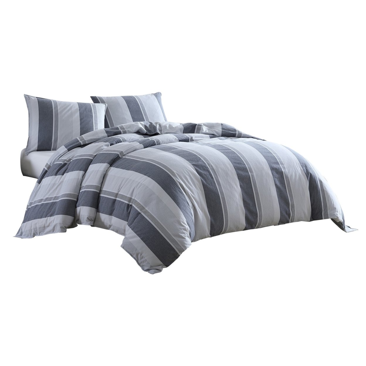 3 Piece King Comforter Set With Broad Stripes, Gray- Saltoro Sherpi