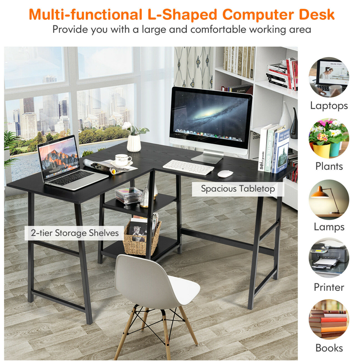L Shaped Corner Computer Desk Study Table W/Storage Shelves - Rustic Brown