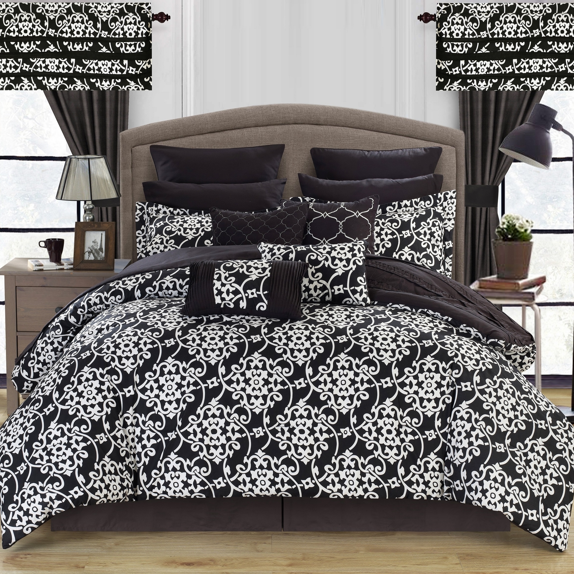 24 Piece Hailee Reversible Printed 2-in-1 Look Comforter Set Includes Sheets - Black, King