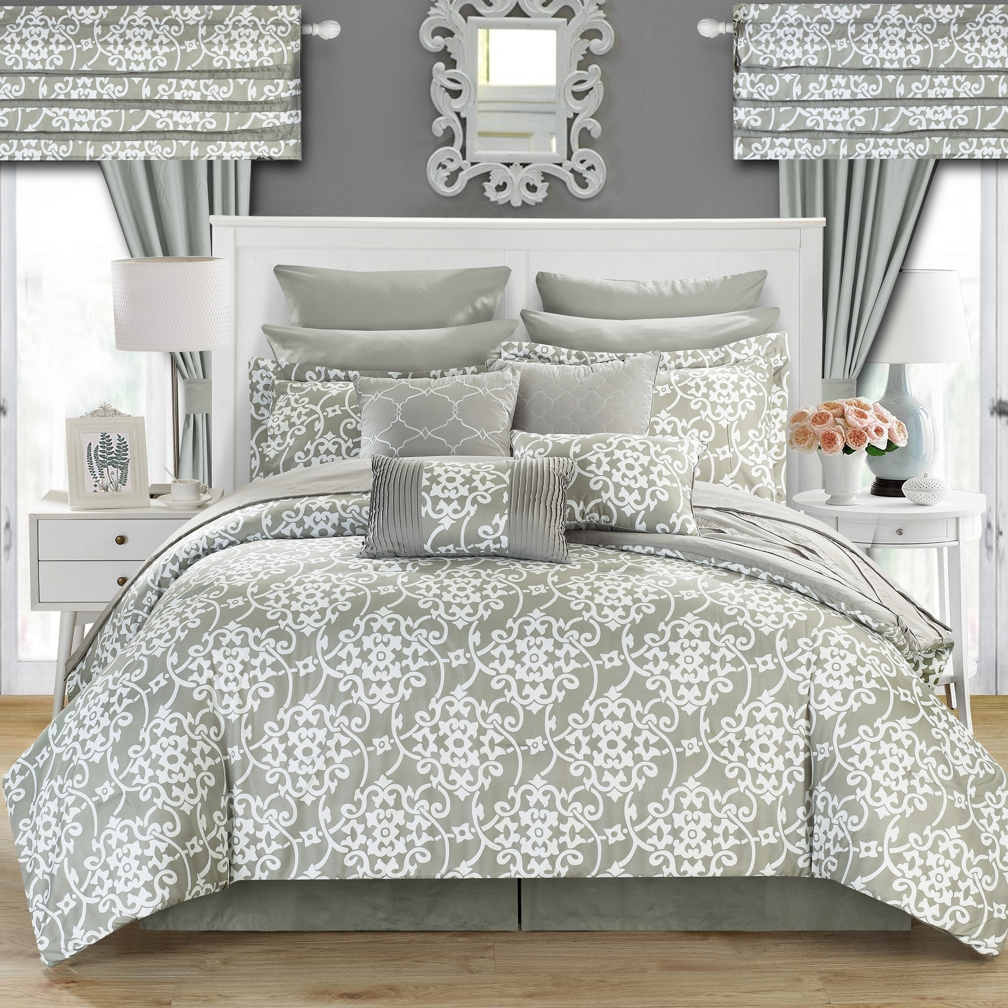 24 Piece Hailee Reversible Printed 2-in-1 Look Comforter Set Includes Sheets - Silver, King