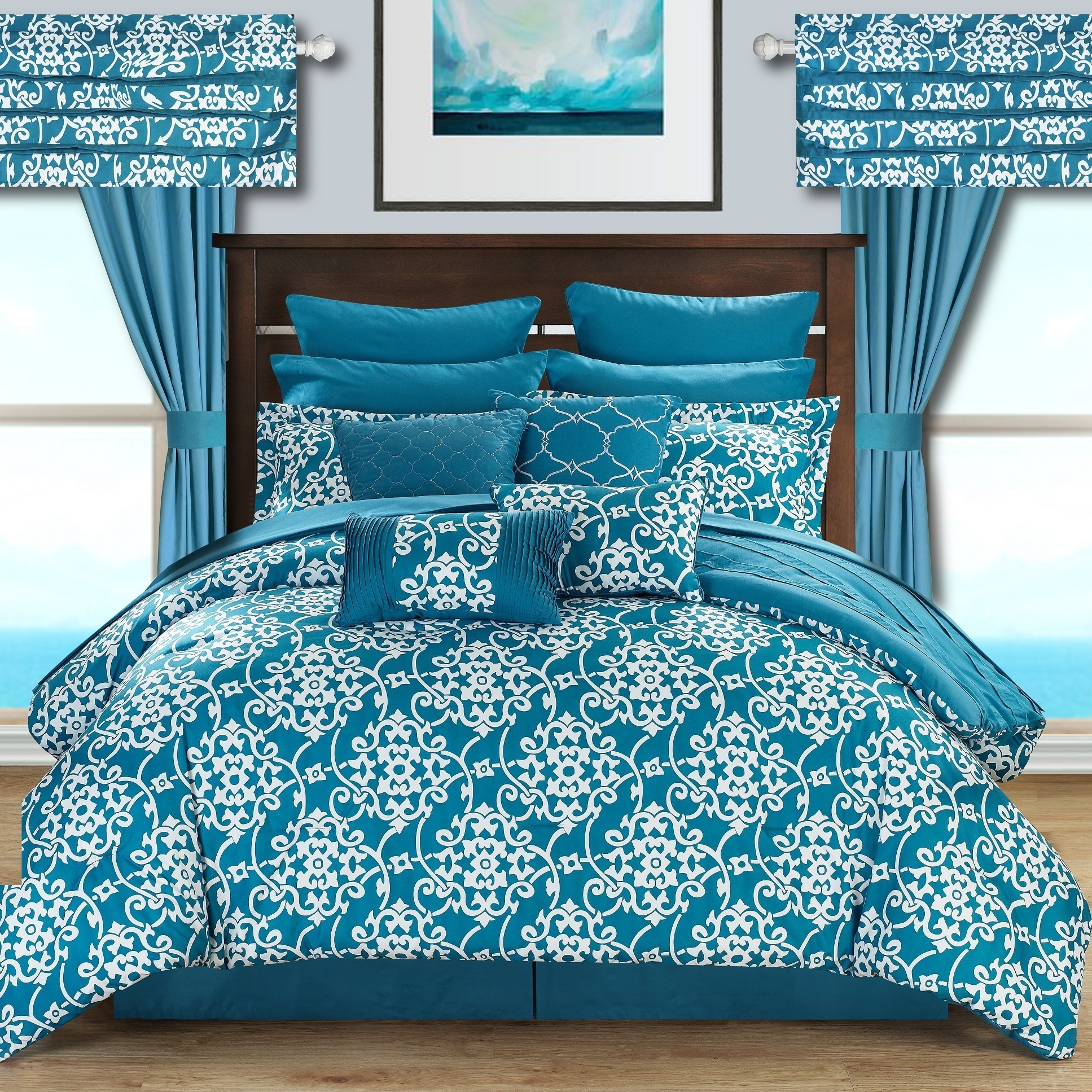 24 Piece Hailee Reversible Printed 2-in-1 Look Comforter Set Includes Sheets - Teal, King