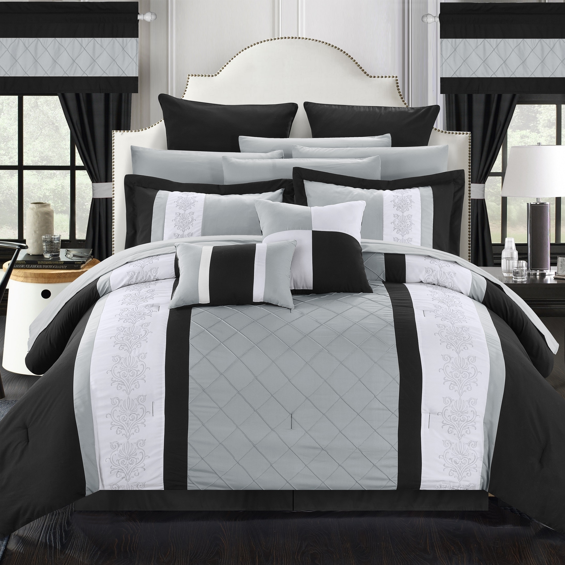 24 Piece Marlington Complete Pin Tuck Embroidery Bedding Comforter Set - Black, King
