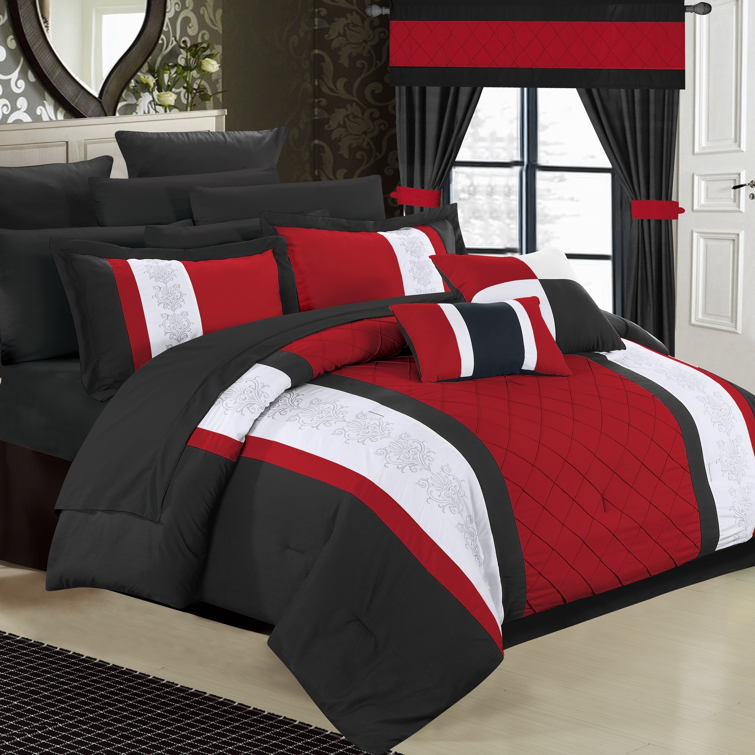 24 Piece Marlington Complete Pin Tuck Embroidery Bedding Comforter Set - Red, Queen
