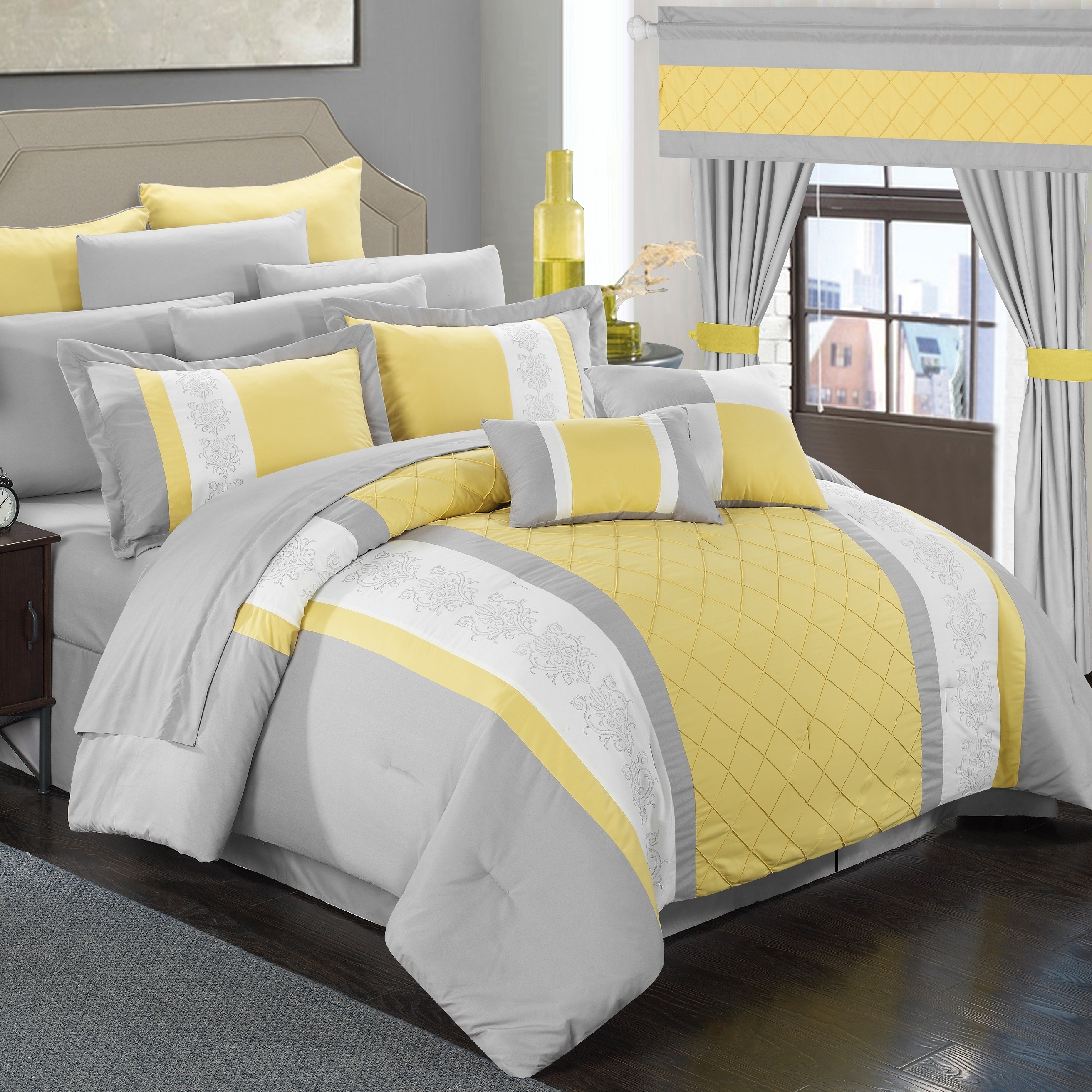24 Piece Marlington Complete Pin Tuck Embroidery Bedding Comforter Set - Yellow, Queen