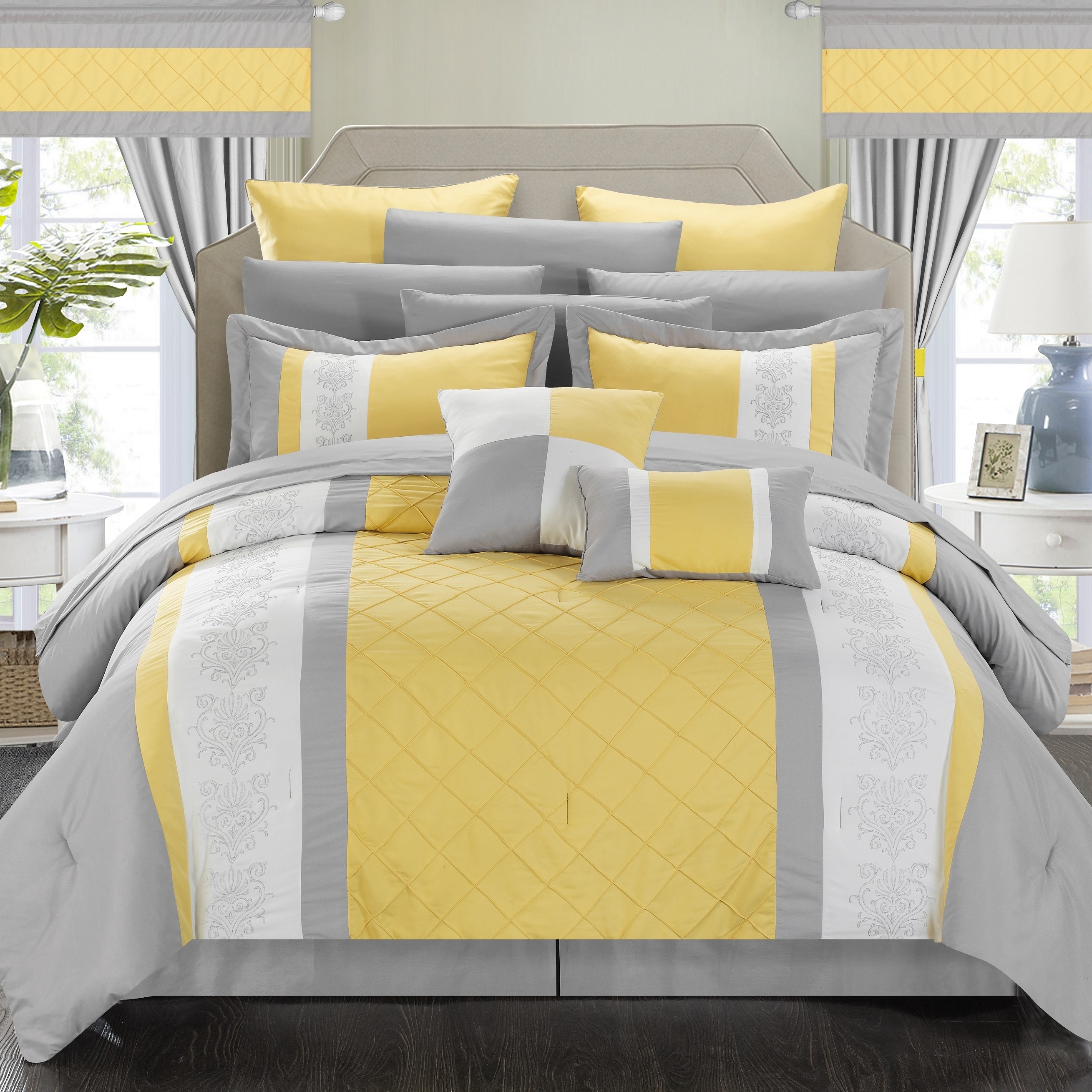 24 Piece Marlington Complete Pin Tuck Embroidery Bedding Comforter Set - Yellow, King