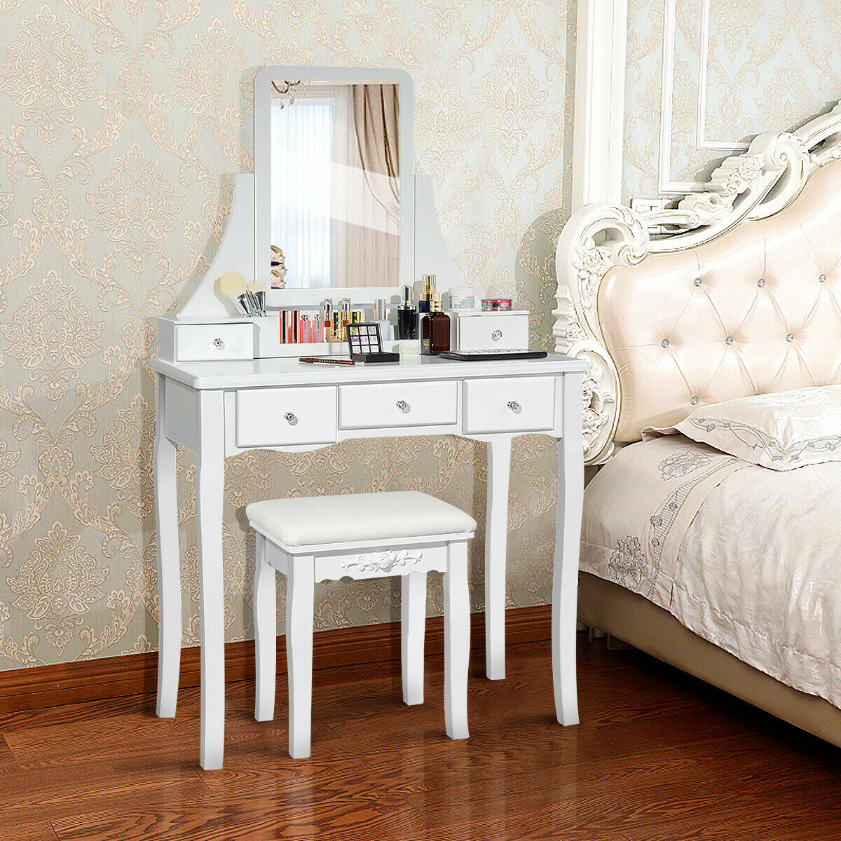 Gymax Vanity Set W/Mirror Drawers & Removable Storage Box Makeup Dressing Table - White