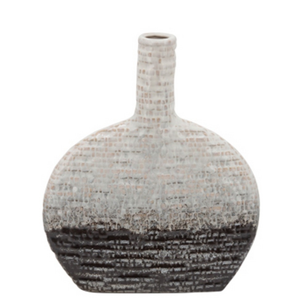 Vase With Bellied Shape And Textured Details, Gray- Saltoro Sherpi