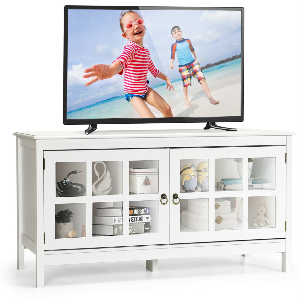 TV Stand Modern Wood Storage Console Entertainment Center W/ 2 Doors White