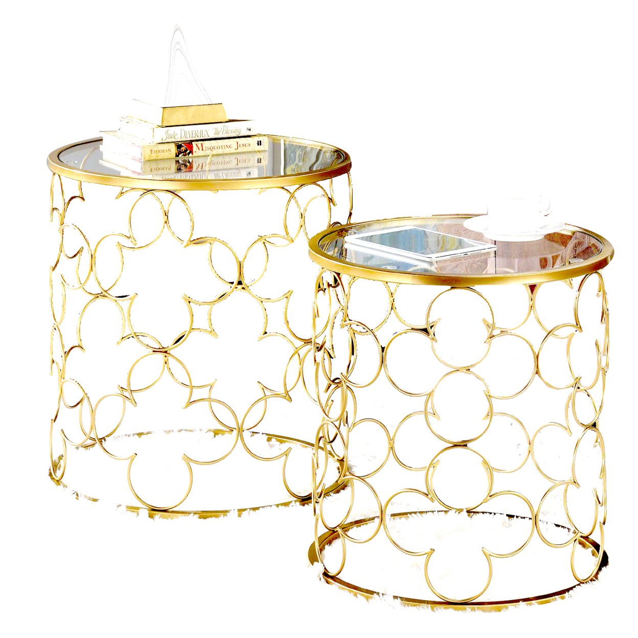 2 Piece Round Nesting Table With Lattice Metal Base, Gold- Saltoro Sherpi