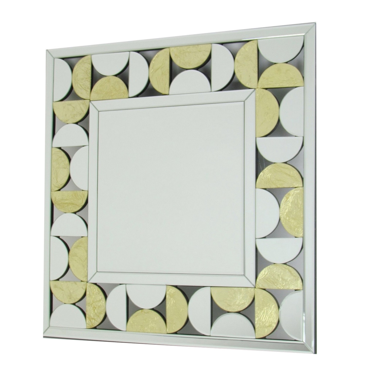 Square Mirror With Golden Leaf Accent And Beveled Edge, Silver- Saltoro Sherpi