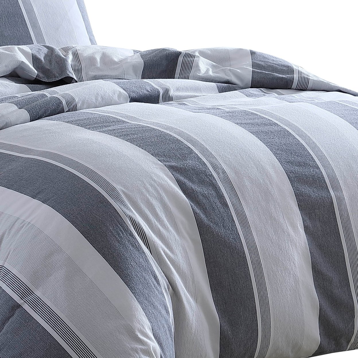 3 Piece Queen Comforter Set With Broad Stripes, Gray- Saltoro Sherpi