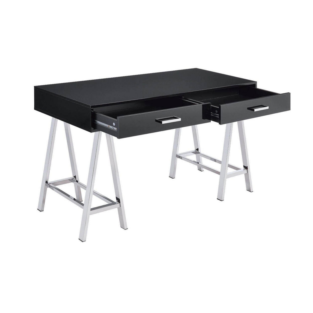 Writing Desk With MDF 2 Drawers And Metal Legs, Black And Chrome- Saltoro Sherpi
