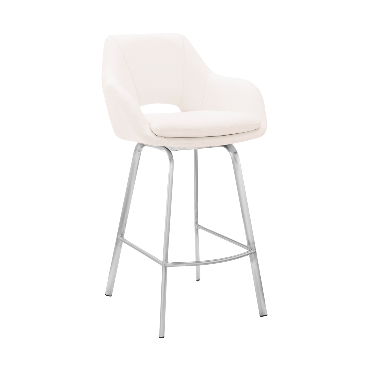 30 Inch Leatherette And Metal Swivel Bar Stool, White And Silver- Saltoro Sherpi