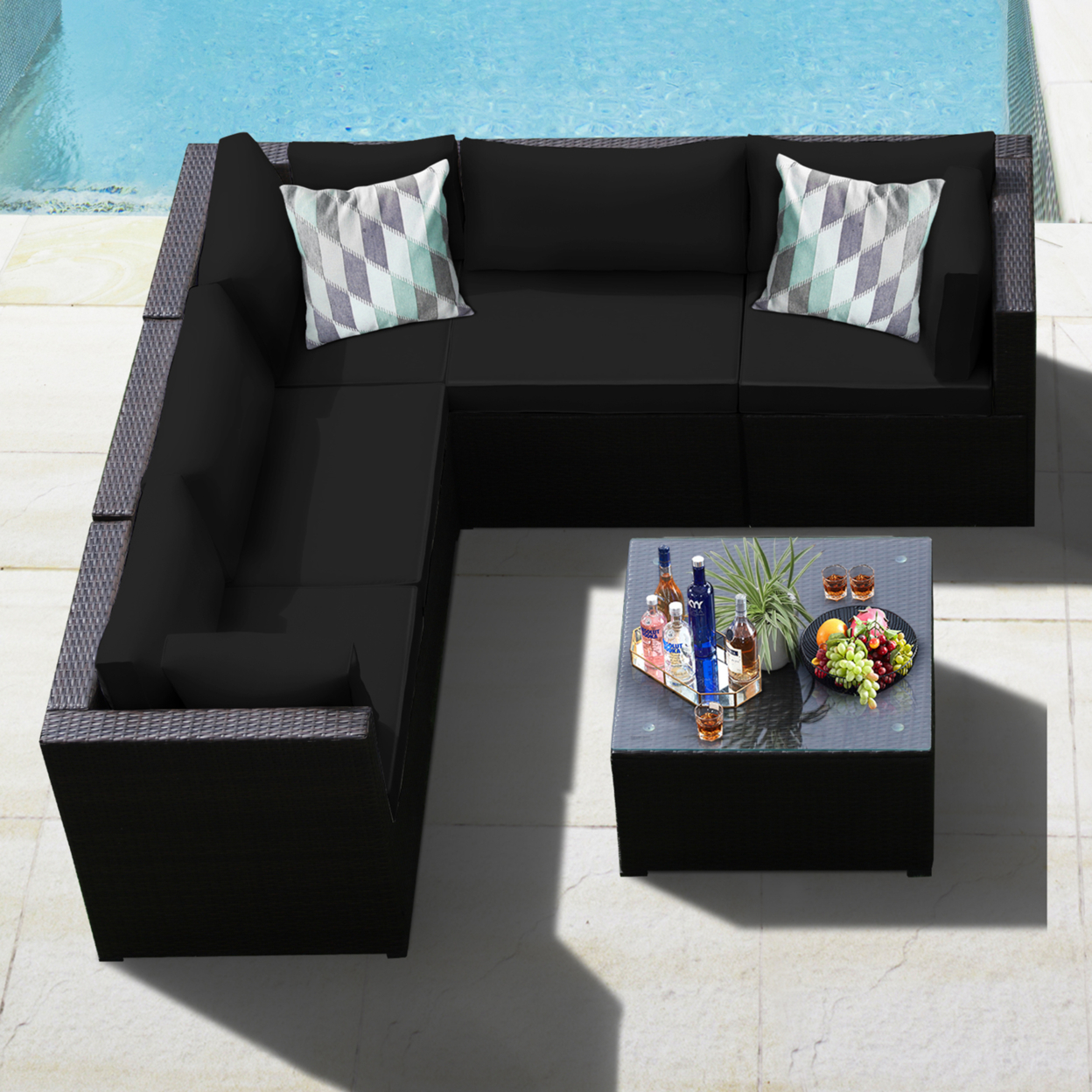 6PCS Rattan Patio Sectional Sofa Conversation Set Outdoor W/ Black Cushions